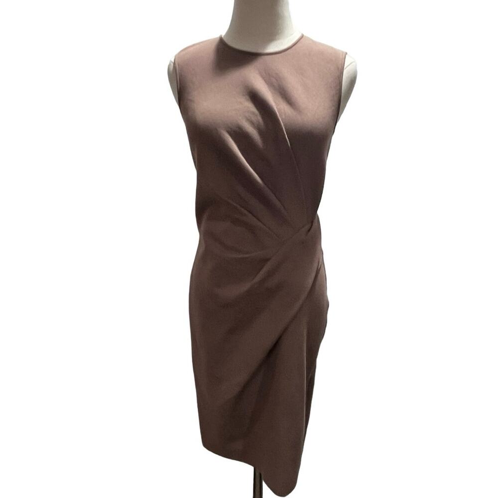 Lanvin‎ Crew Neck Knee-Length Sheath Side Ruched Taupe Tan Dress Size 40/ US 6-9